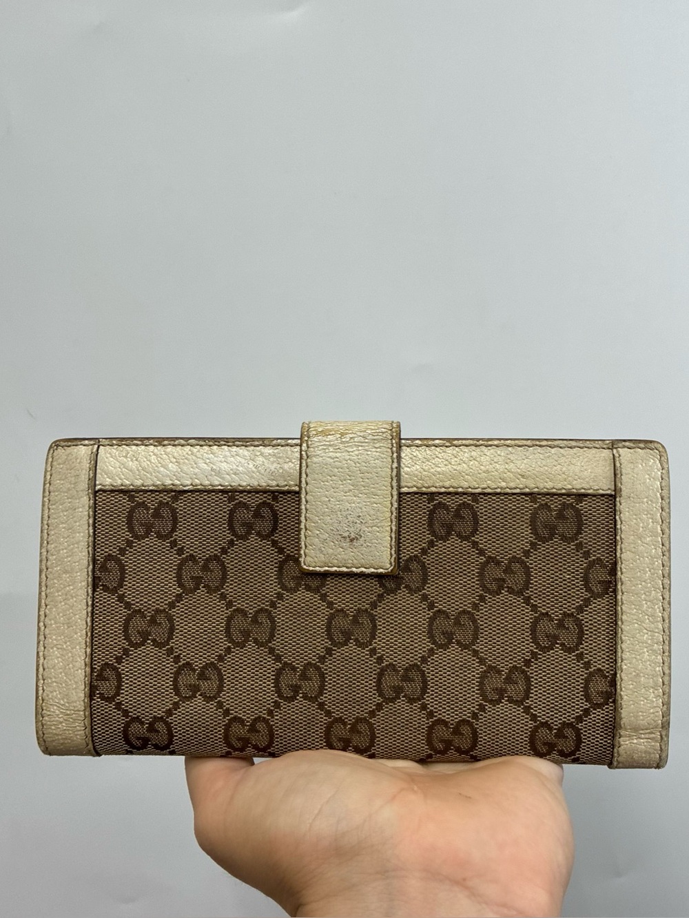 Gucci GG Canvas Continental Wallet Brown Gold Leather Snap Vintage Retro Luxury